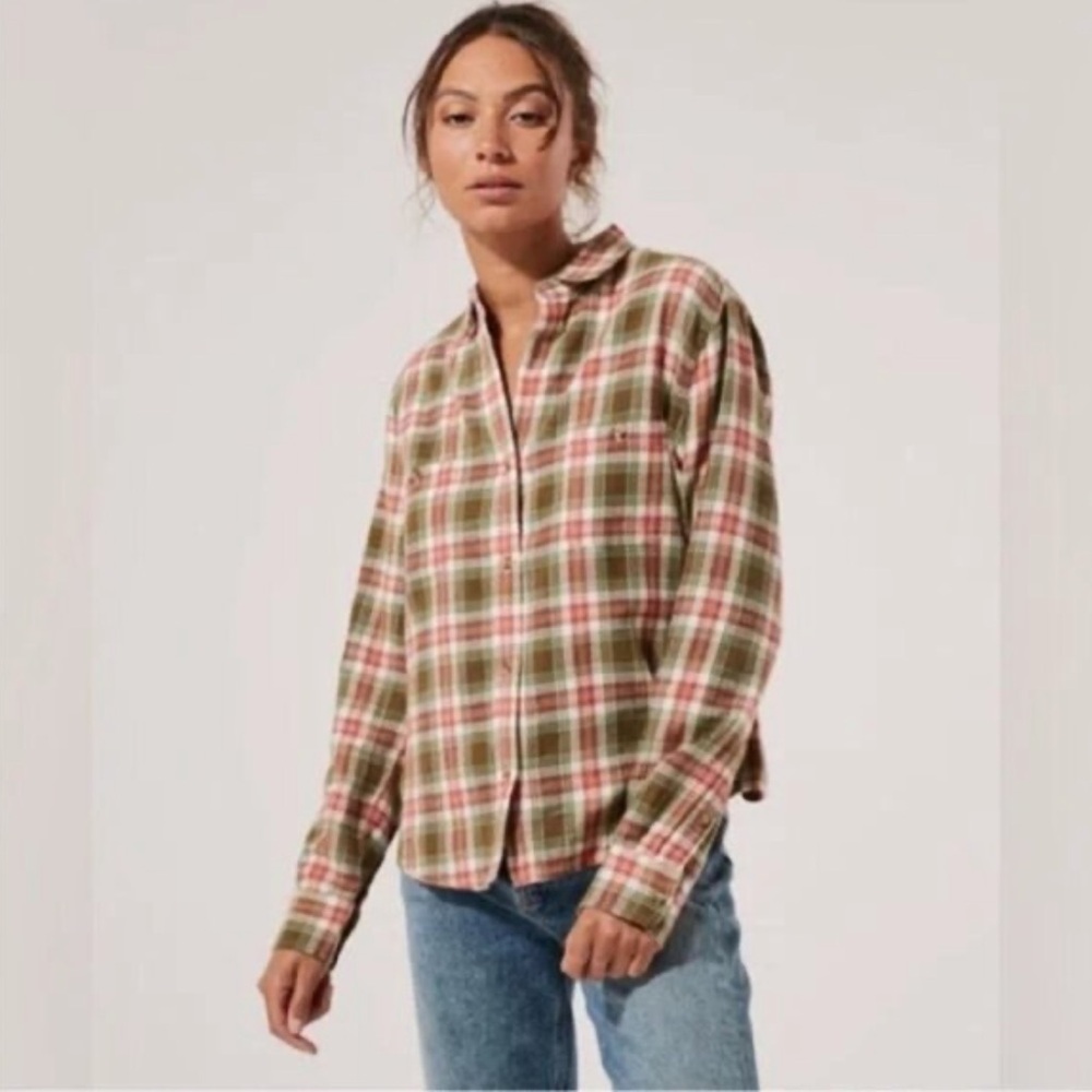 Pact | Women’s ‘Army Green’ Plaid Fireside Flannel Organic Button Down Top Sz L